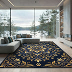 Elegant Navy Gold Floral Paw Mandala Rug