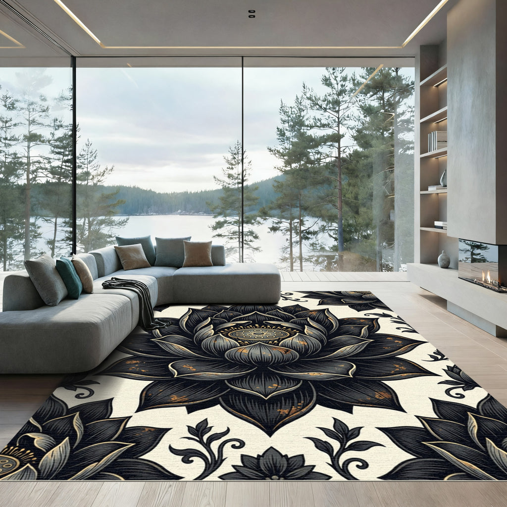Black Lotus Gold Accent Floral Art Rug