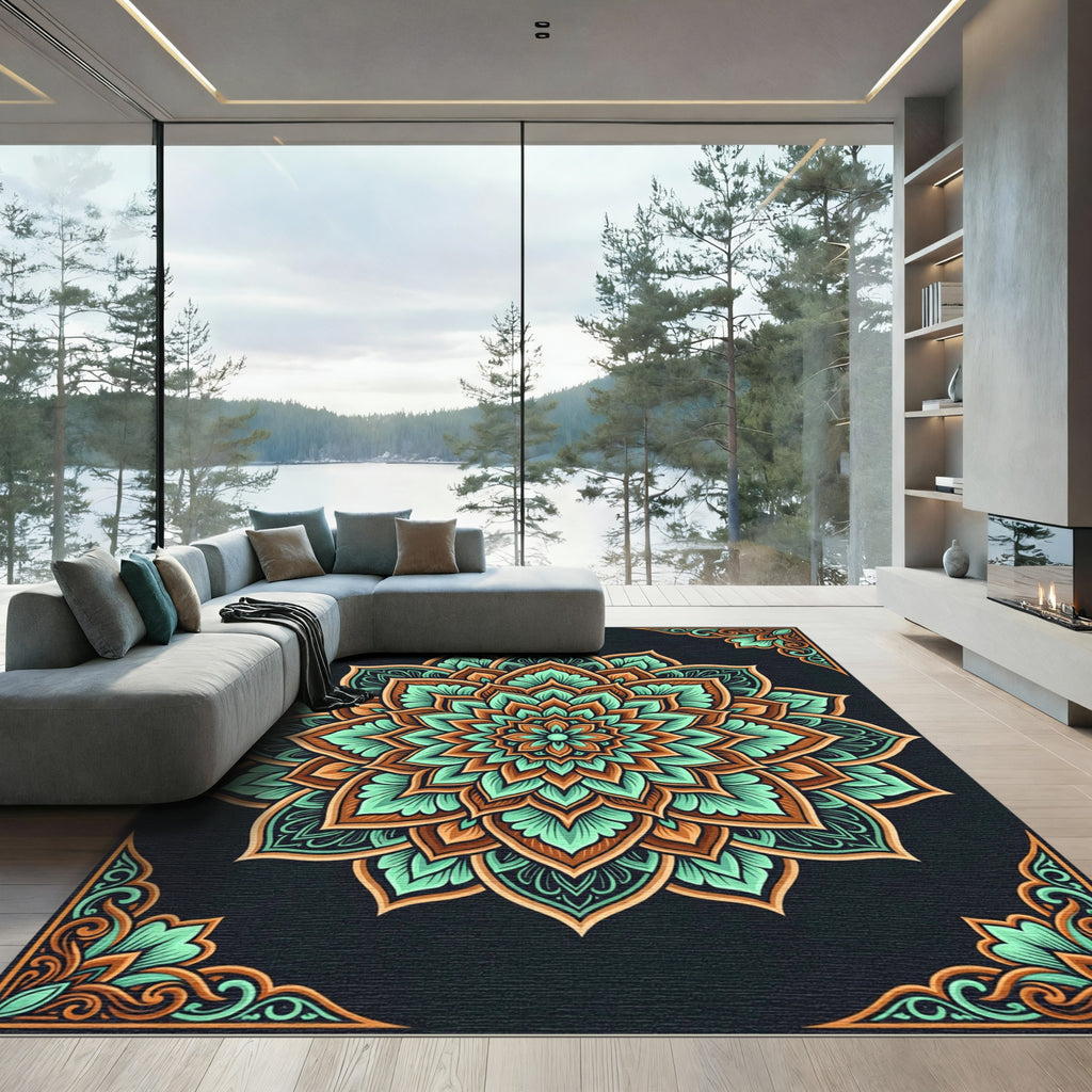 Teal and Amber Mandala Floral Medallion Rug
