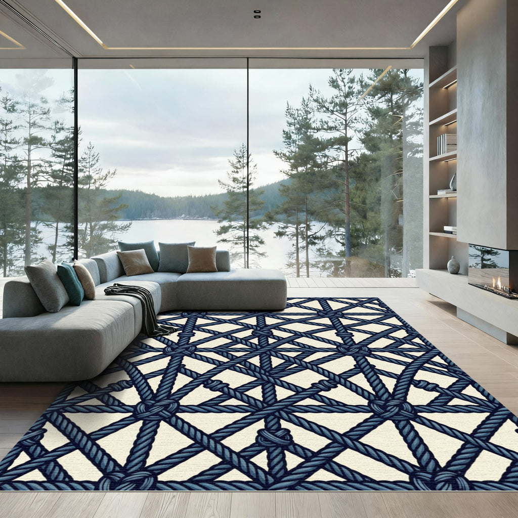 Dark Blue Knotted Rope Grid Rug