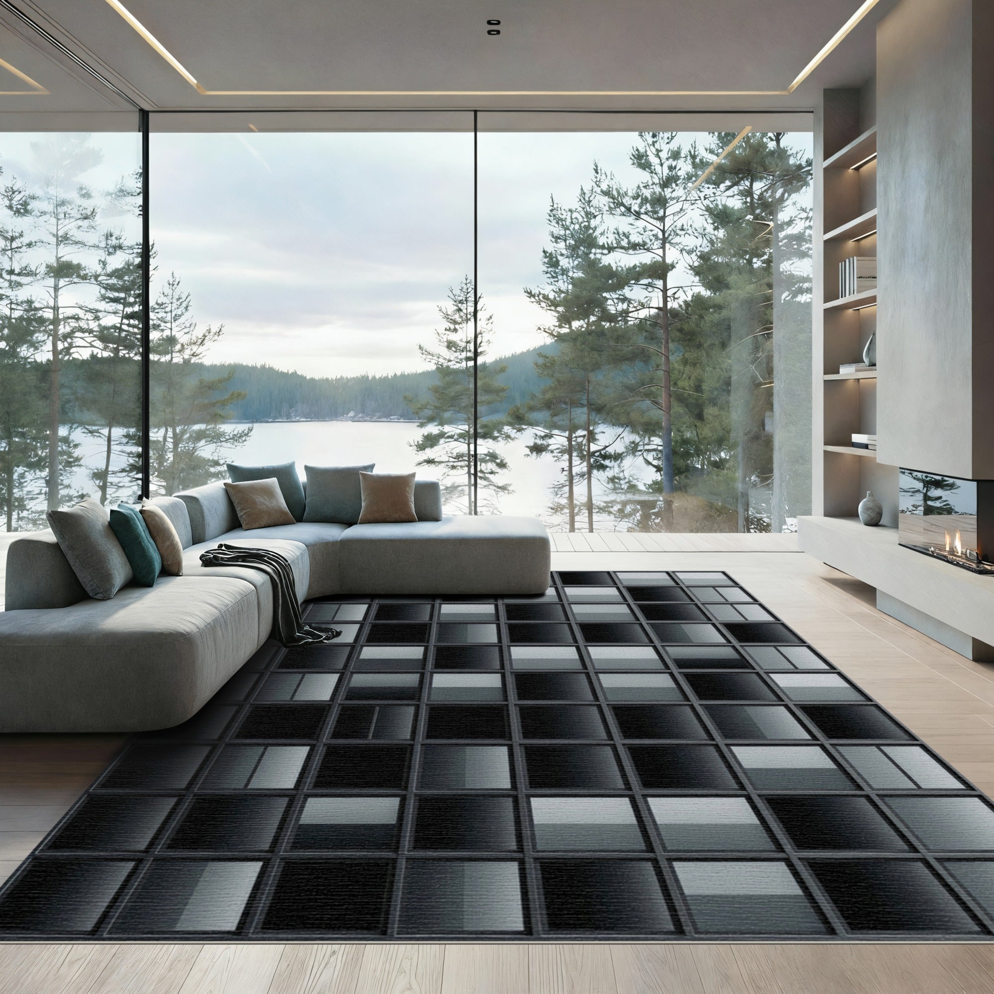 Modern Monochrome Grid Architectural Squared Rug
