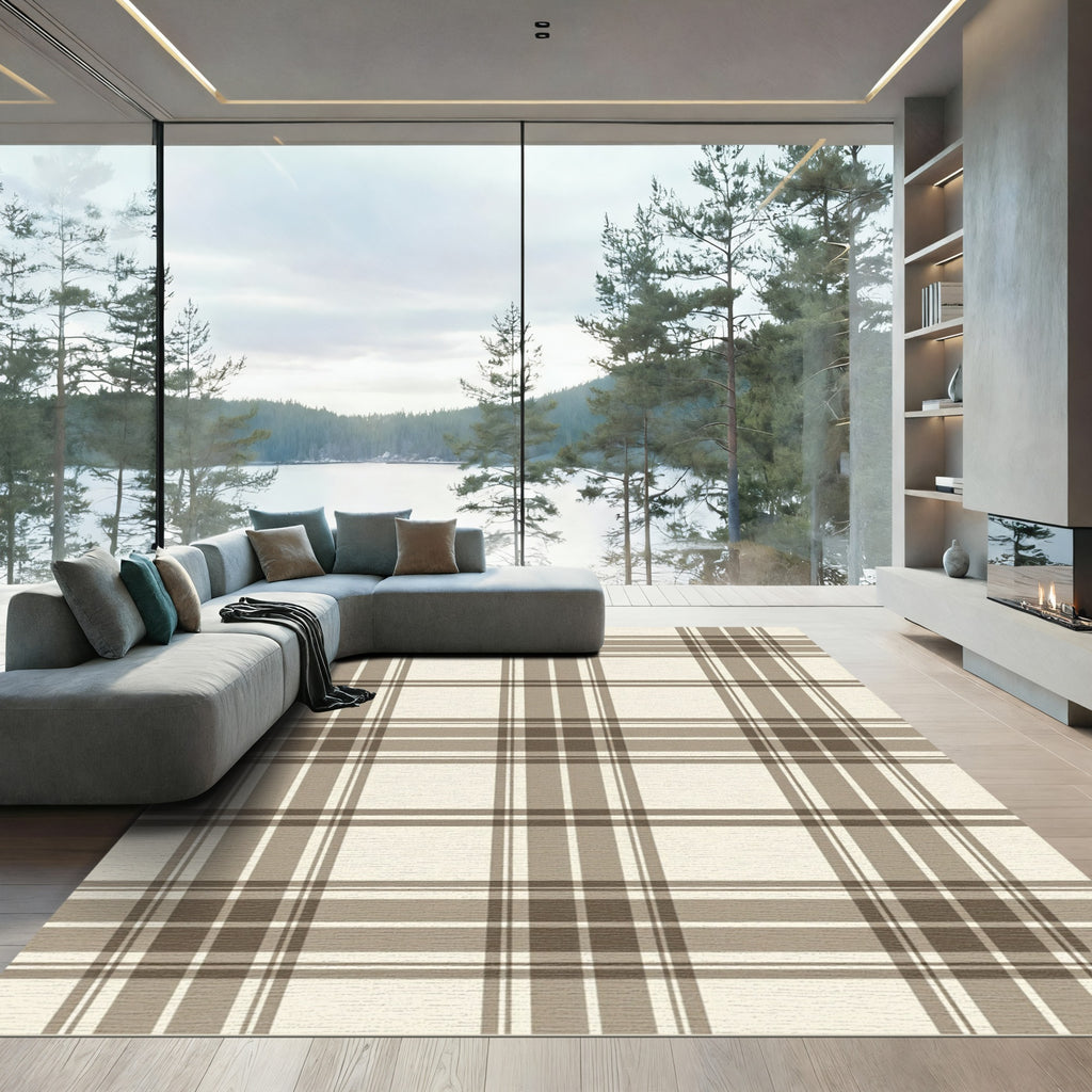 Classic Tan Plaid Grid Rug