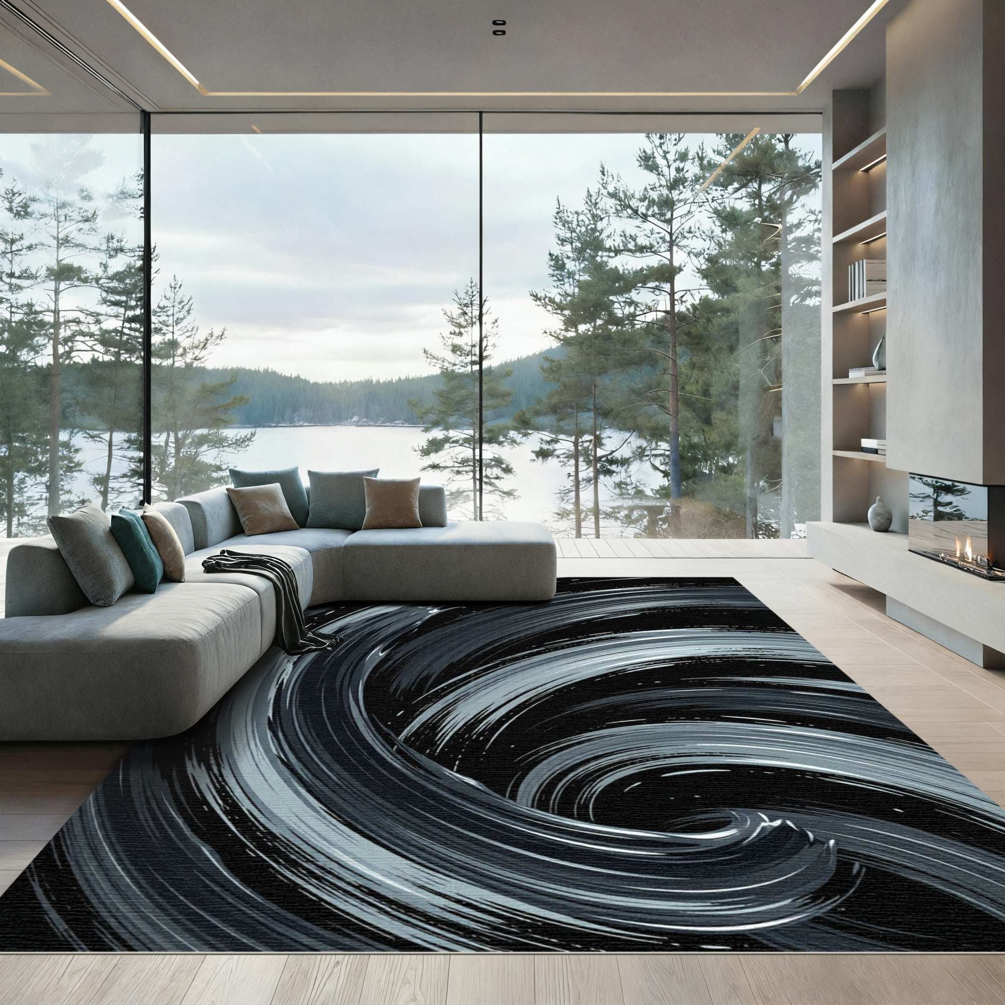 Monochrome Abstract Swirl Fluid Art Rug