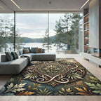 Ornate Golden Tropical Leaf Medallion Rug