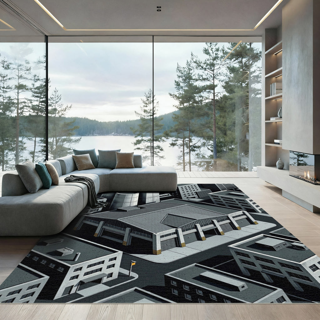 Monochrome Isometric Urban Landscape Rug