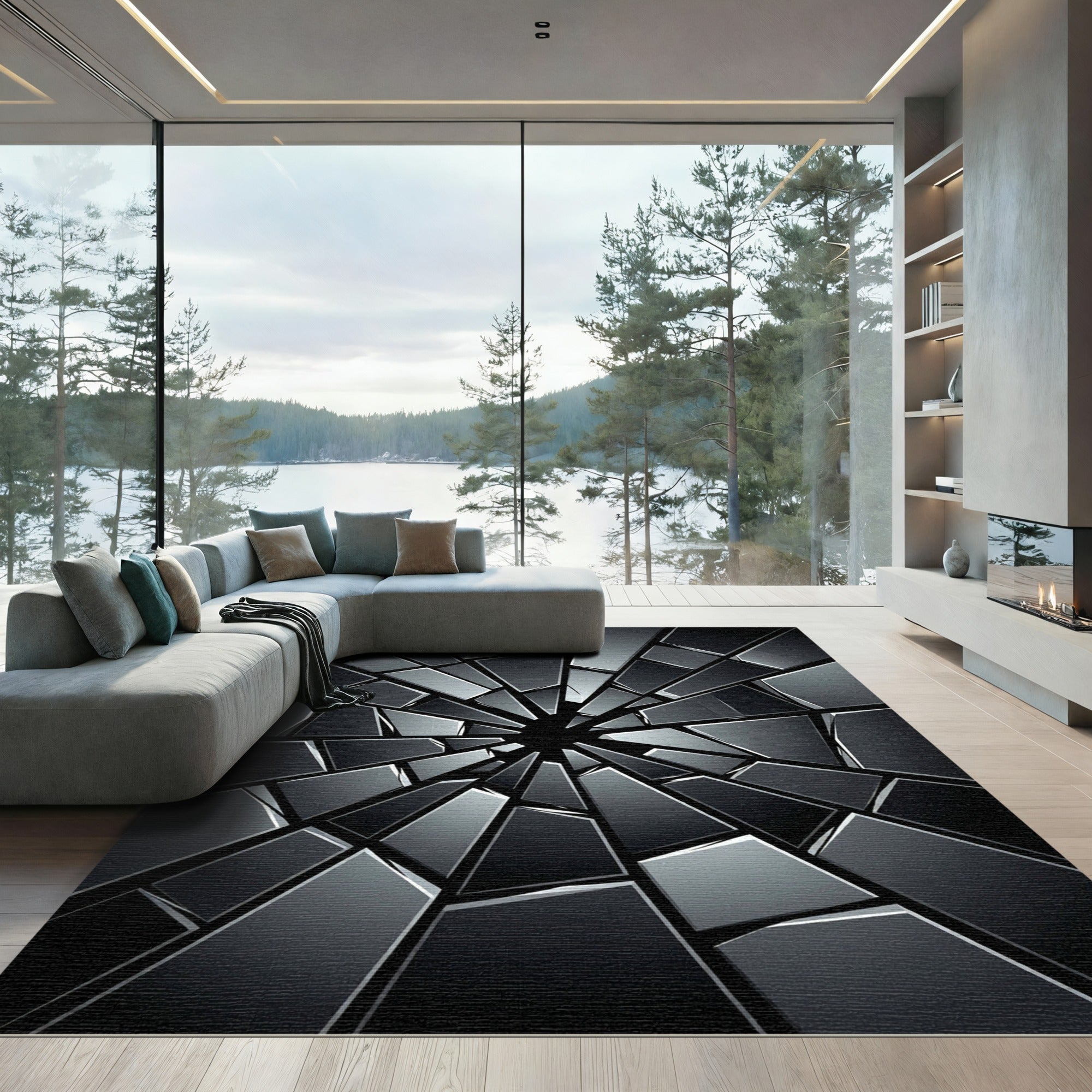 Monochromatic Abstract Fractured Glass Geometric Rug