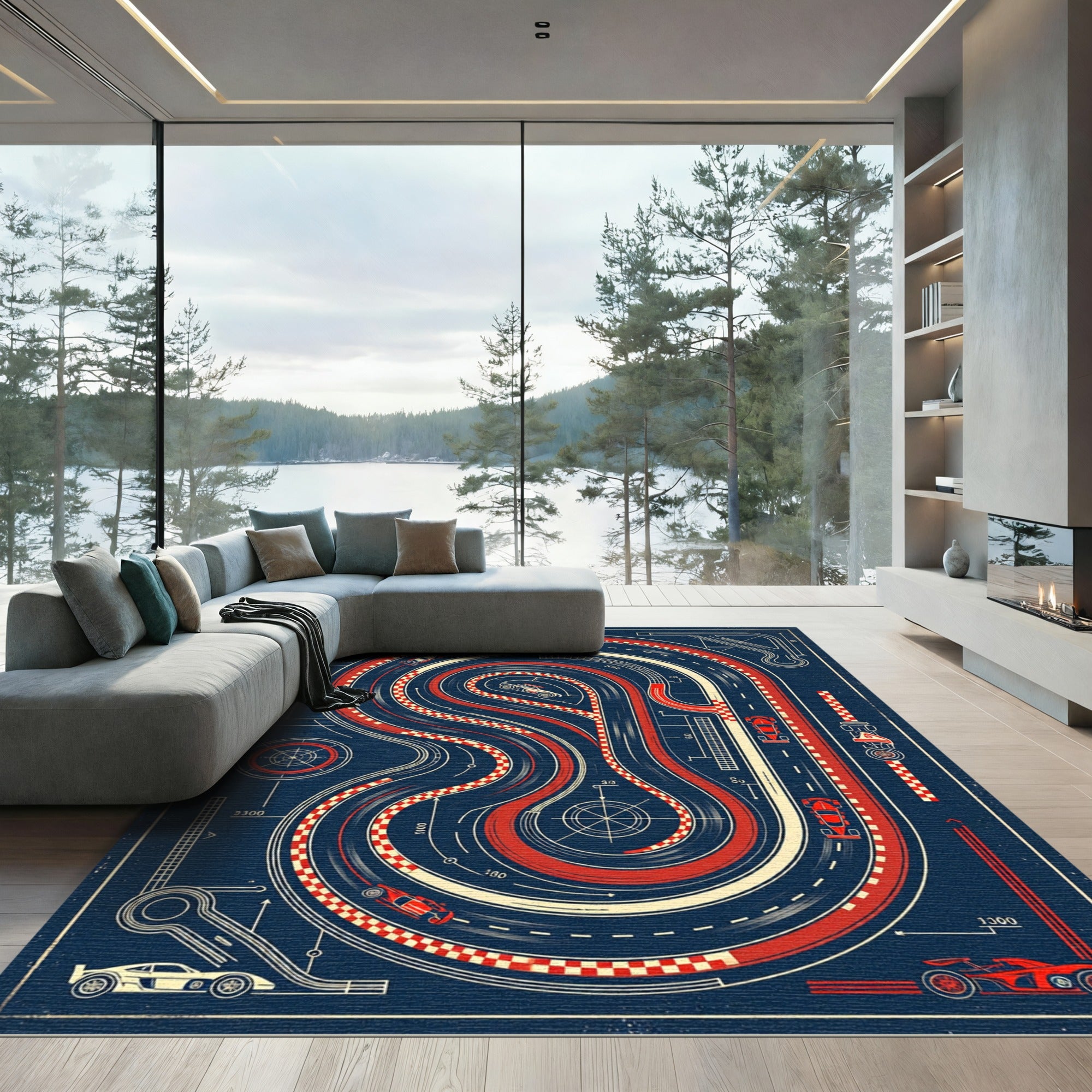 Vintage Blueprint Racetrack Grand Prix Decor Rug