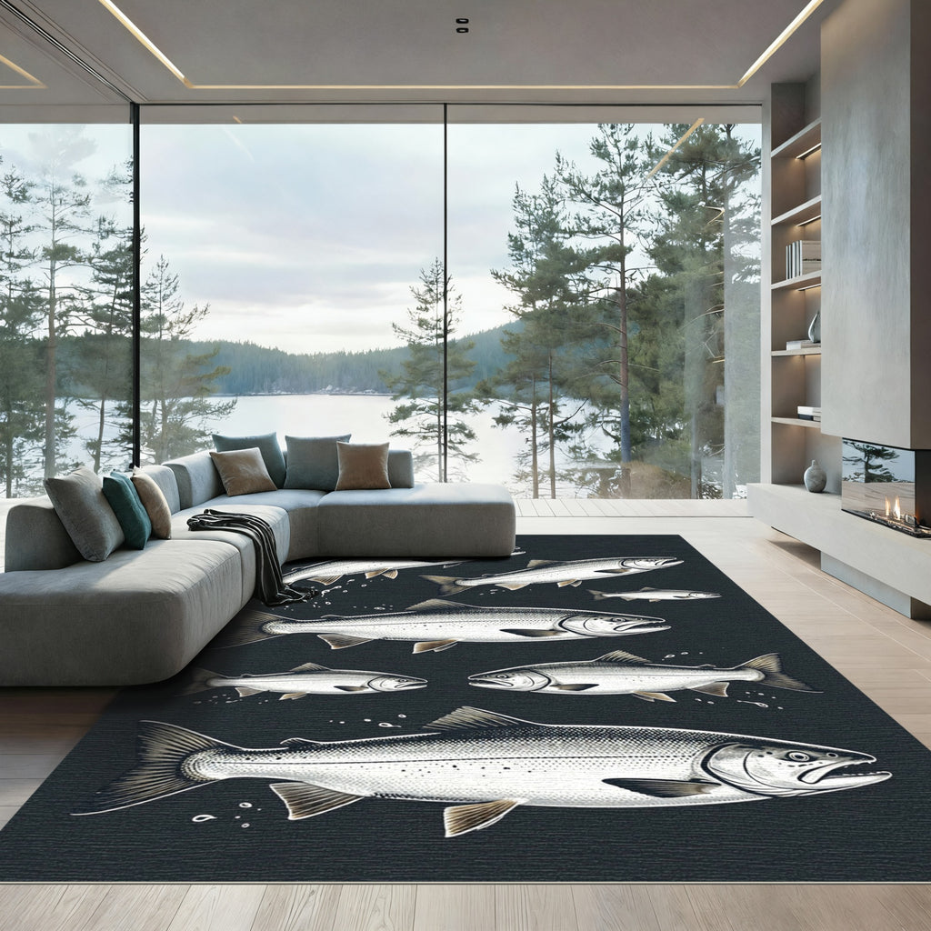 Monochrome Salmon School Dark Backdrop Rug