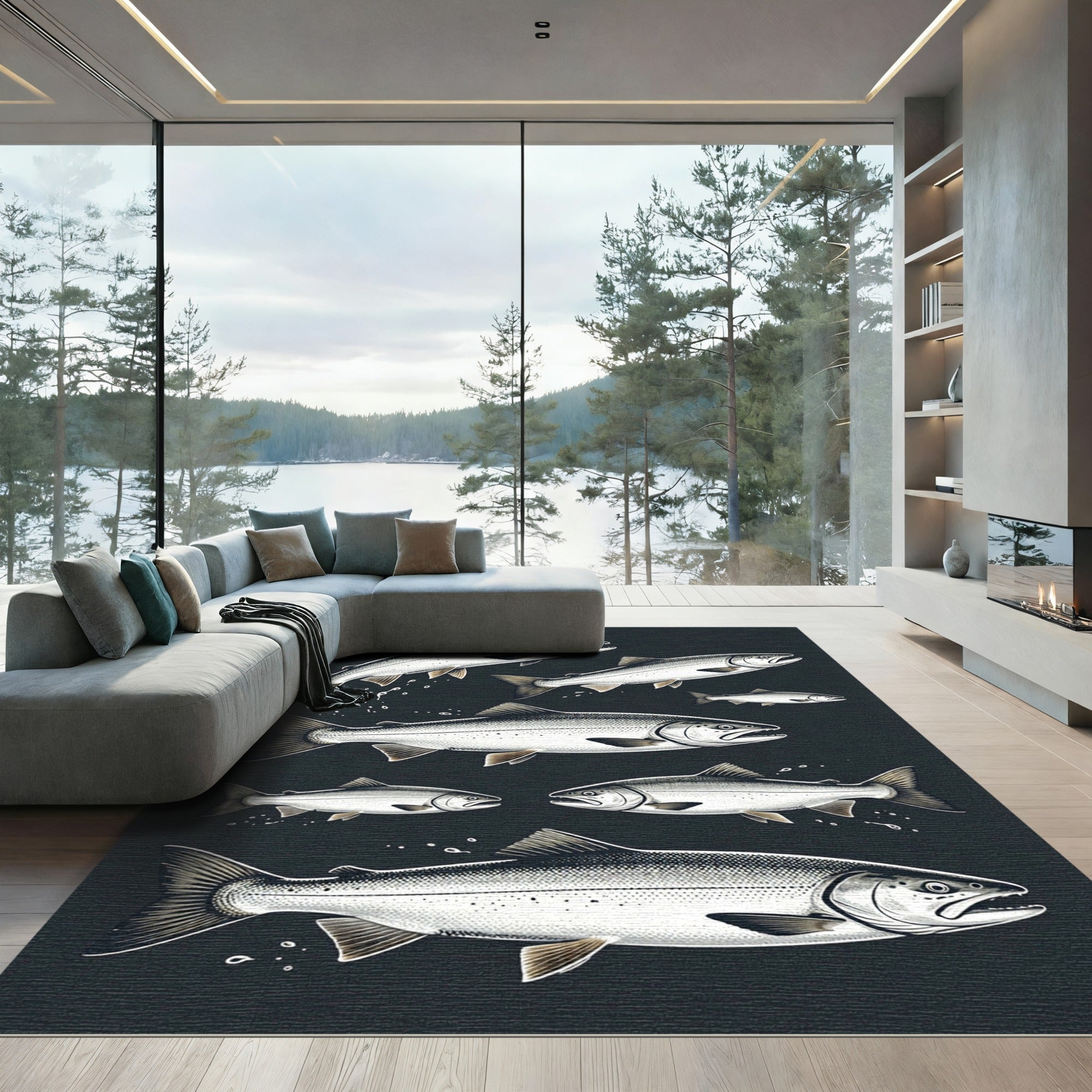 Monochrome Salmon School Dark Backdrop Rug