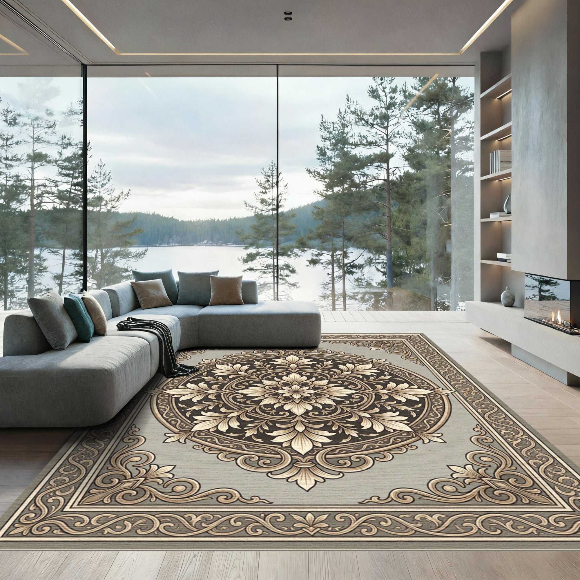 Ornate Tan Floral Medallion Border Rug