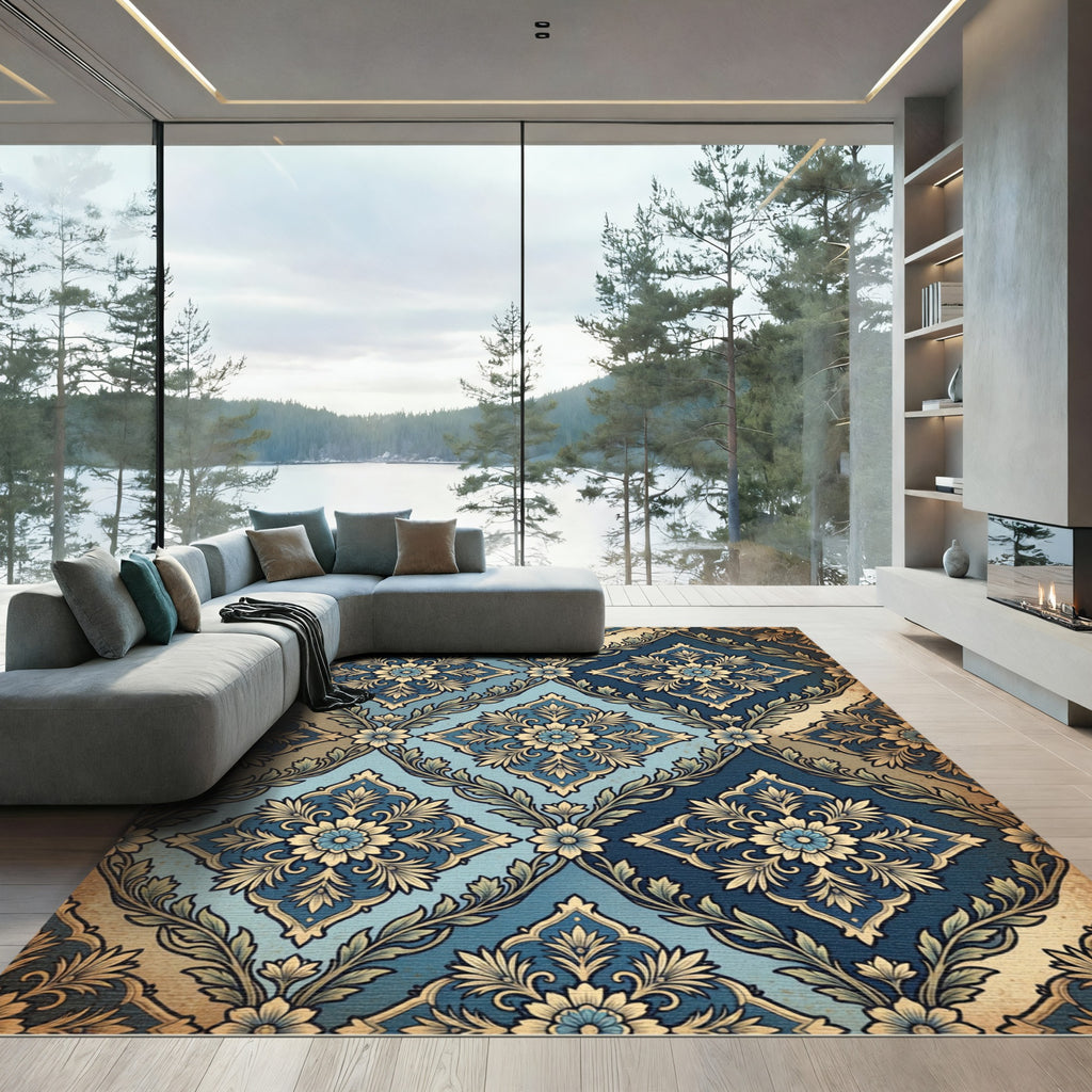 Ornate Indigo And Cerulean Damask Filigree Rug