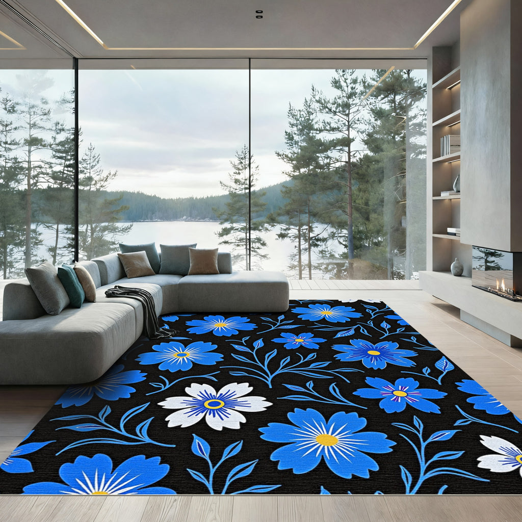 Bold Blue White Floral Sprig Rug