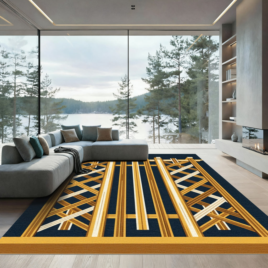 Golden Lattice Geometric Wood Grid Rug