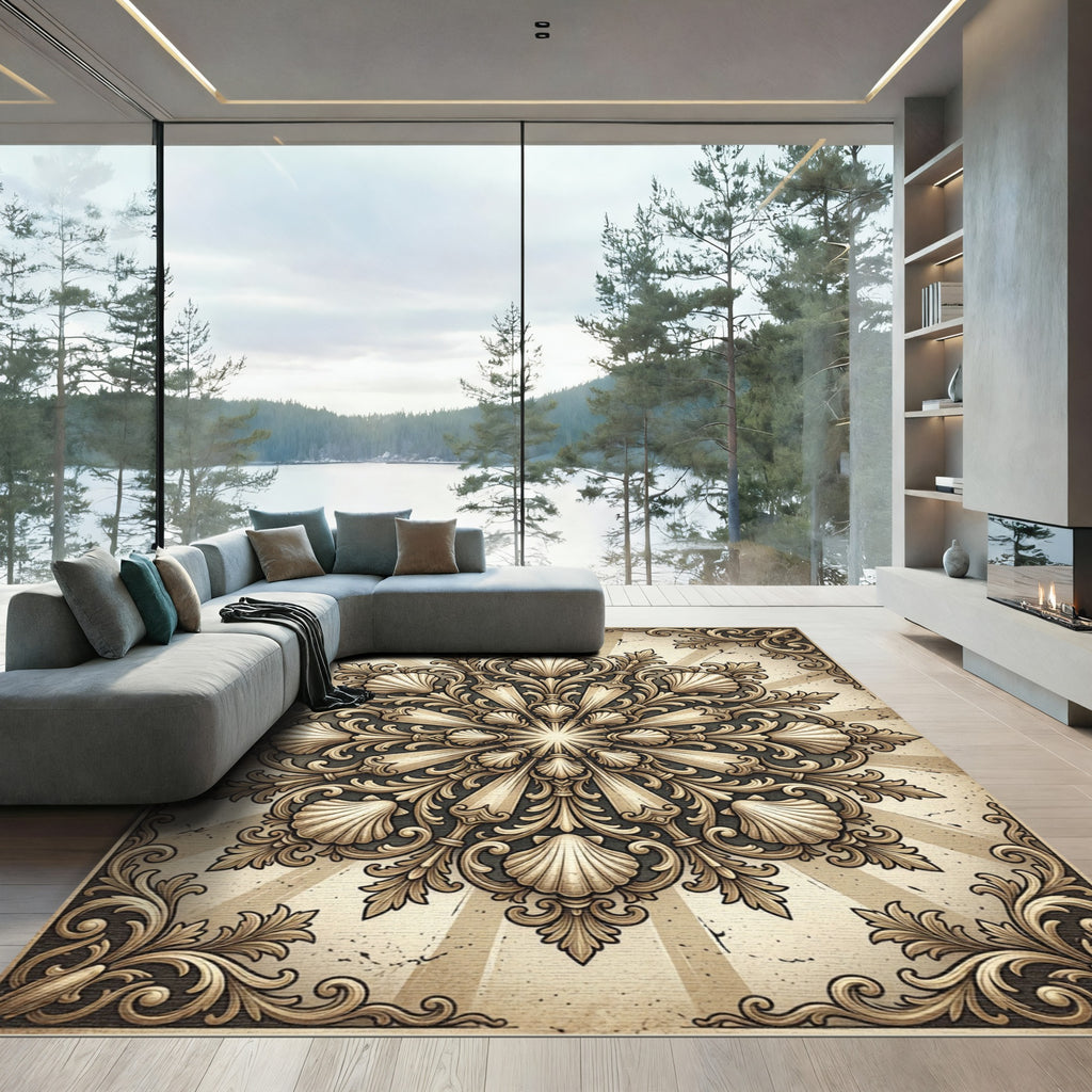 Elegant Antique Scalloped Shell Medallion Rug