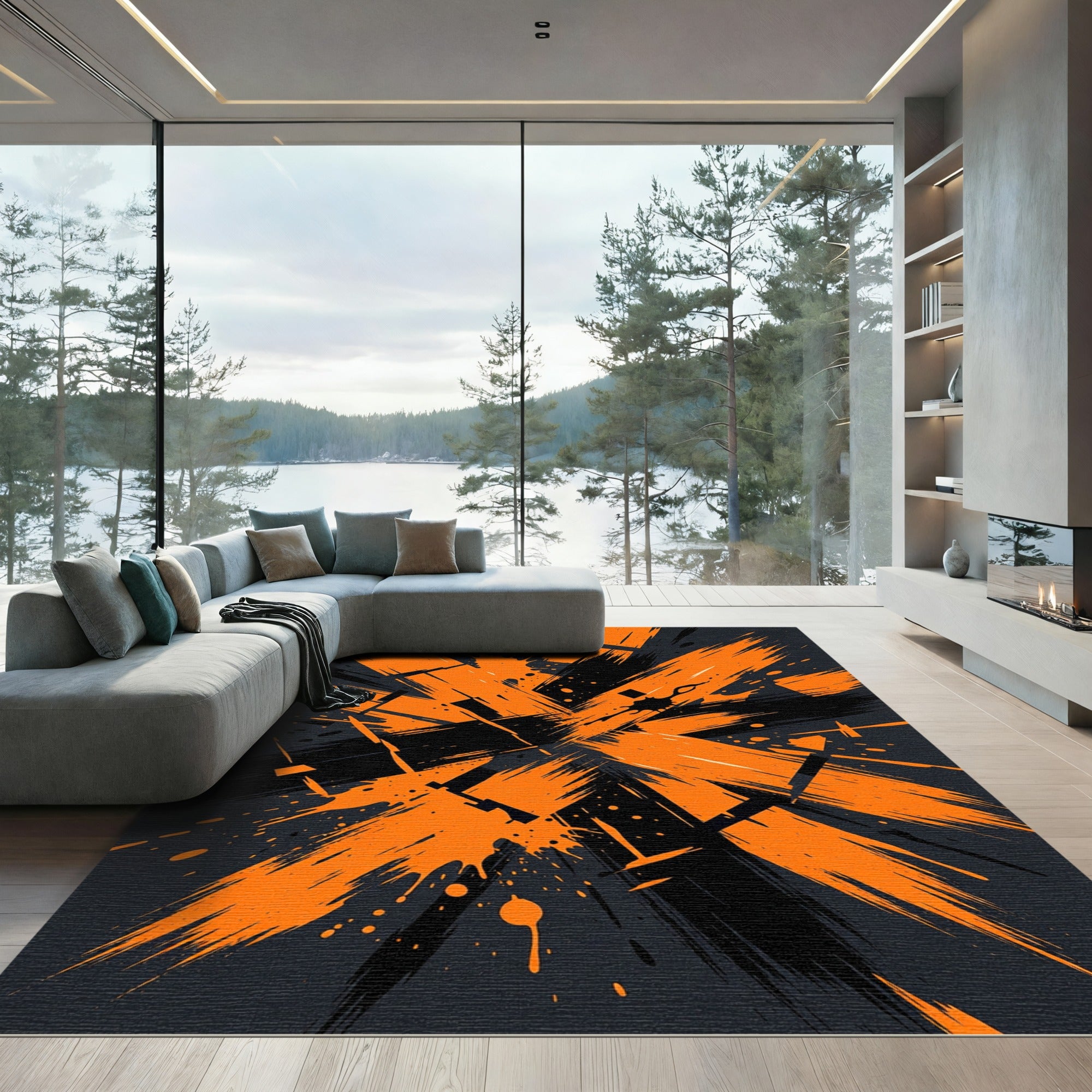 Dynamic Orange and Black Abstract Brushstroke Rug