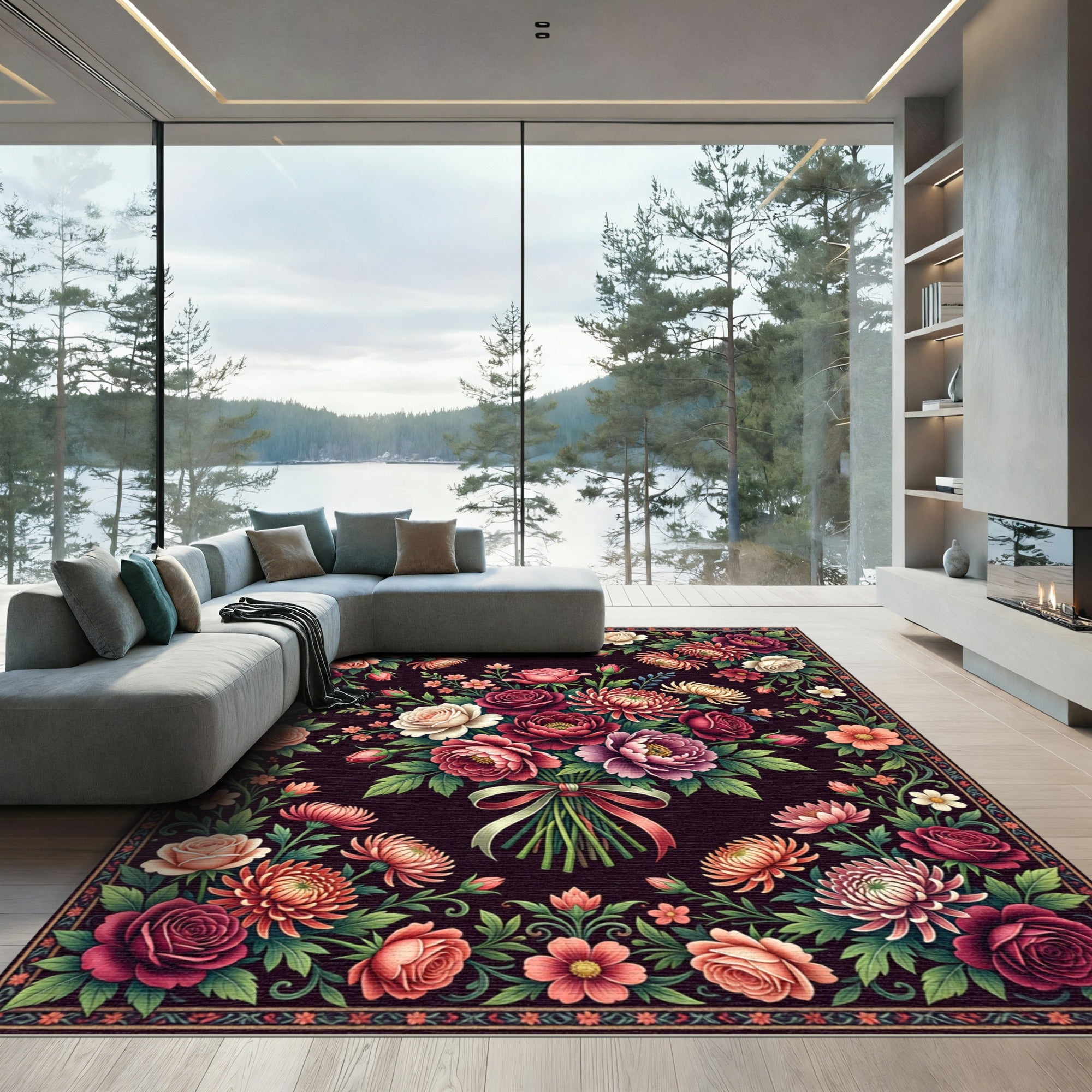 Dark Floral Bouquet Classic Rose Arrangement Rug
