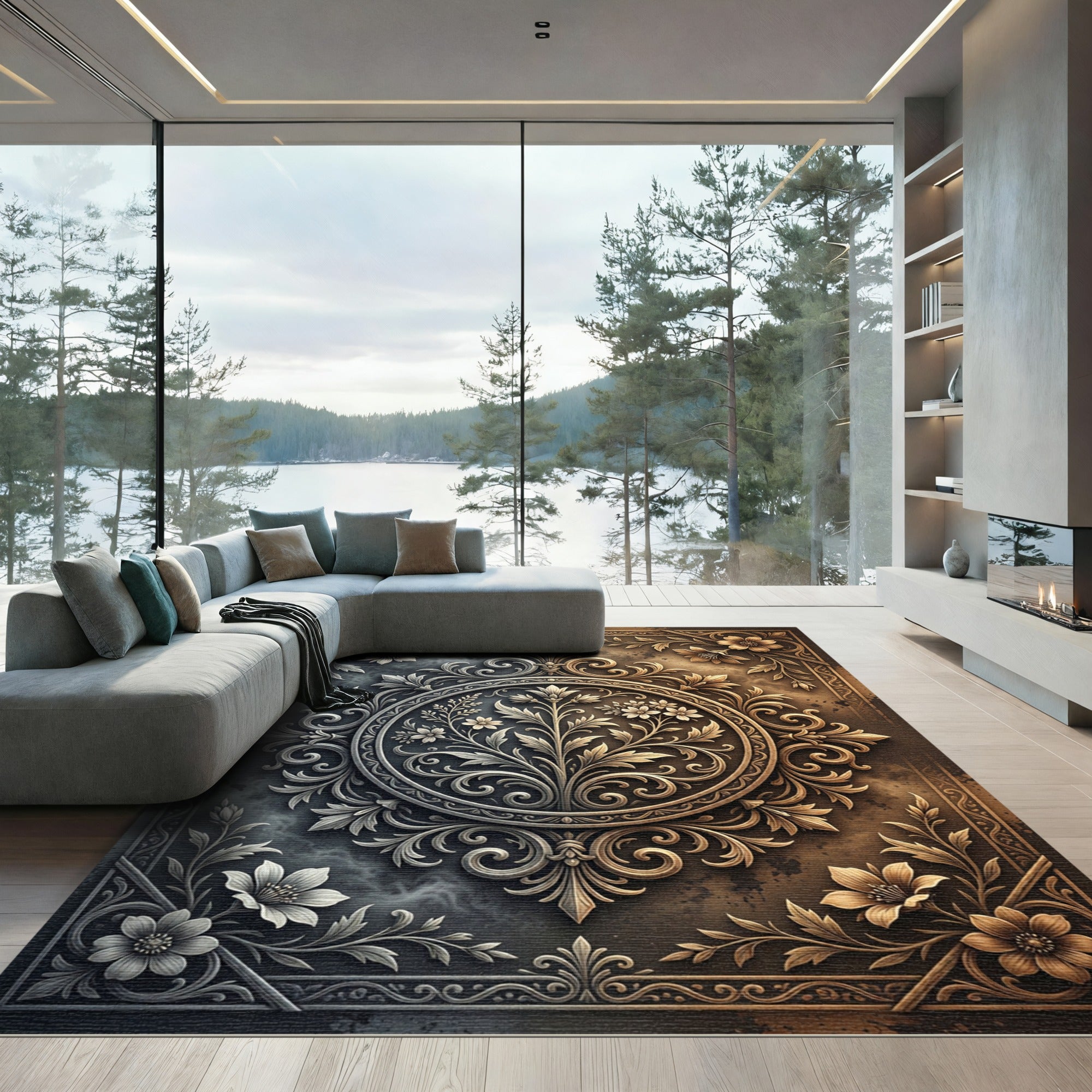 Dual Tone Floral Embellished Medallion Rug