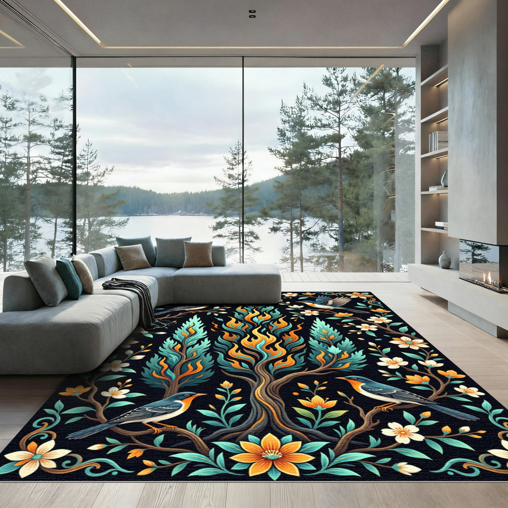 Vibrant Fire Tree Birds Floral Art Rug