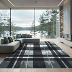 Monochrome Plaid Mountain Forest Landscape Rug