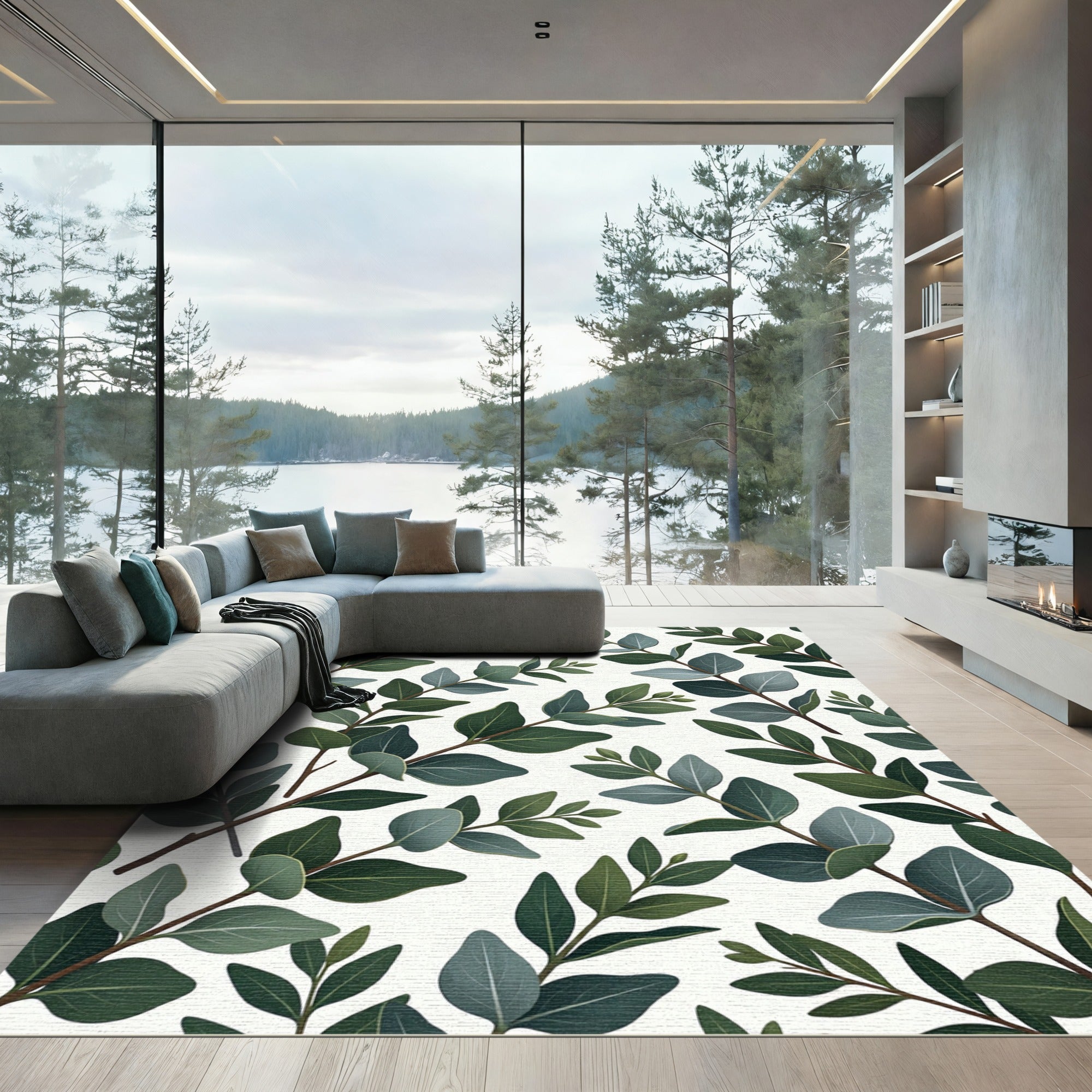Lush Green Eucalyptus Botanical Foliage Rug