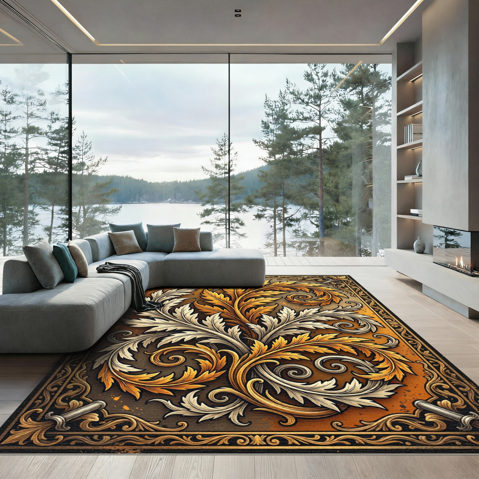 Gilded Ornate Acanthus Foliage Scroll Rug