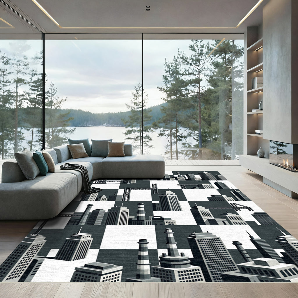 Monochrome Cityscape Industrial Towers Rug