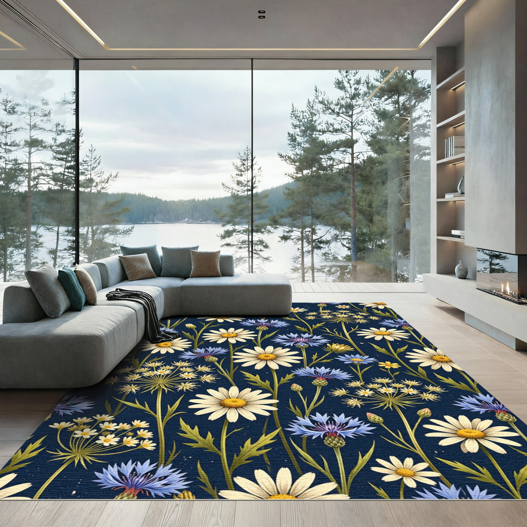 Daisies and Cornflowers on Navy Blue Rug