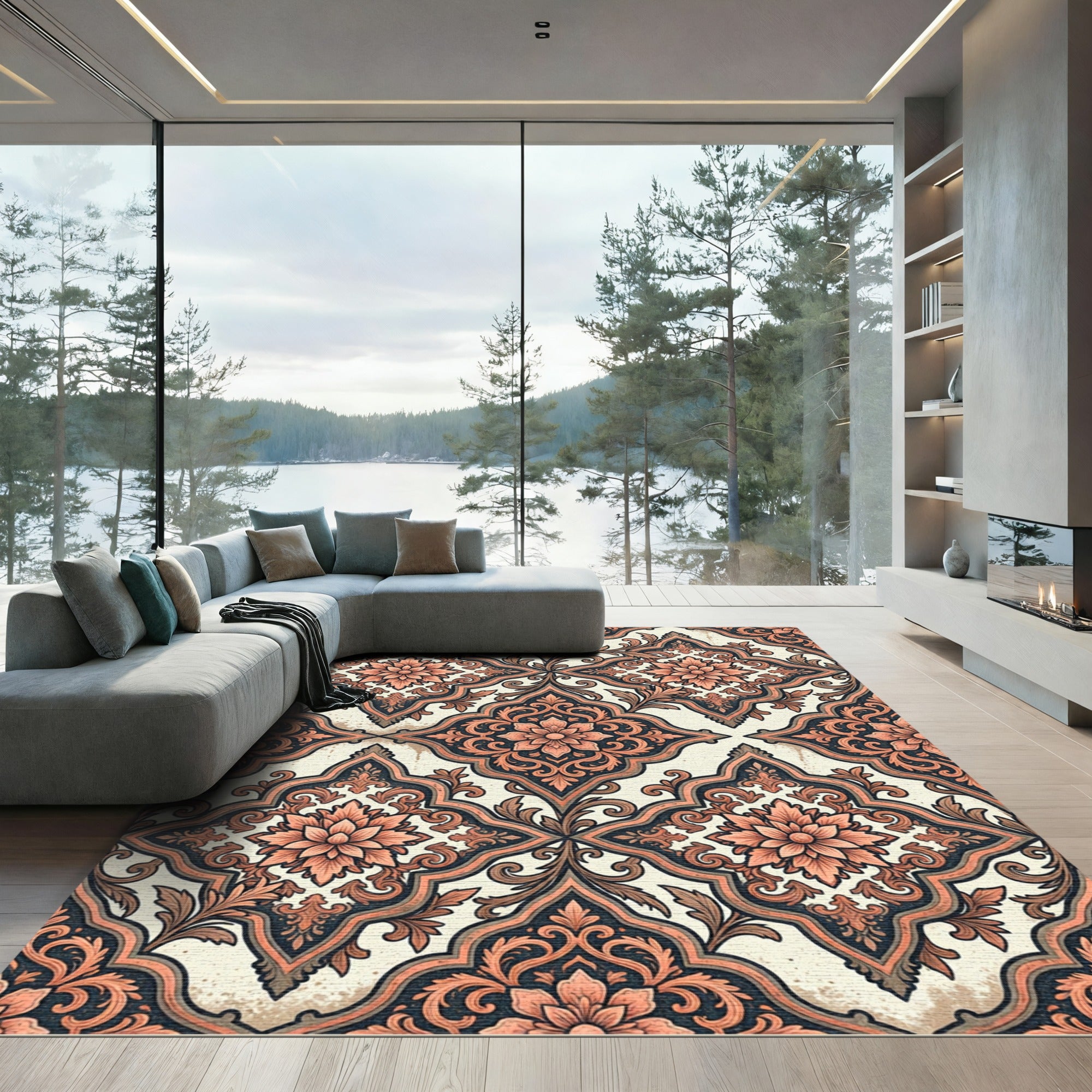 Elegant Salmon Floral Damask Scroll Rug