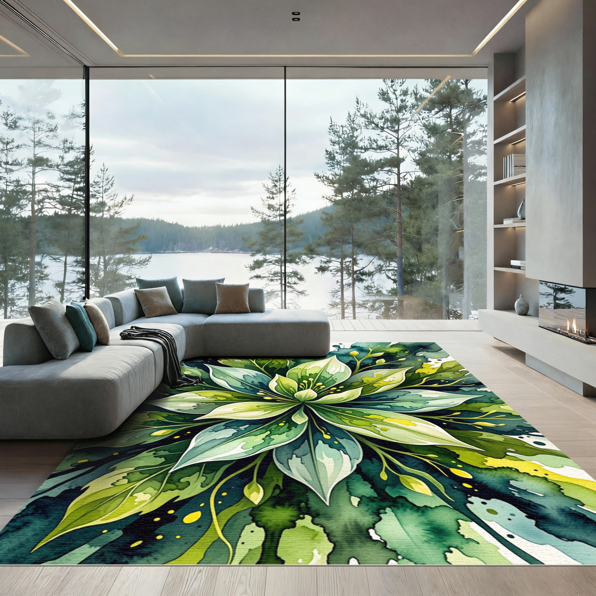 Lush Green Watercolor Leaf Burst Rug