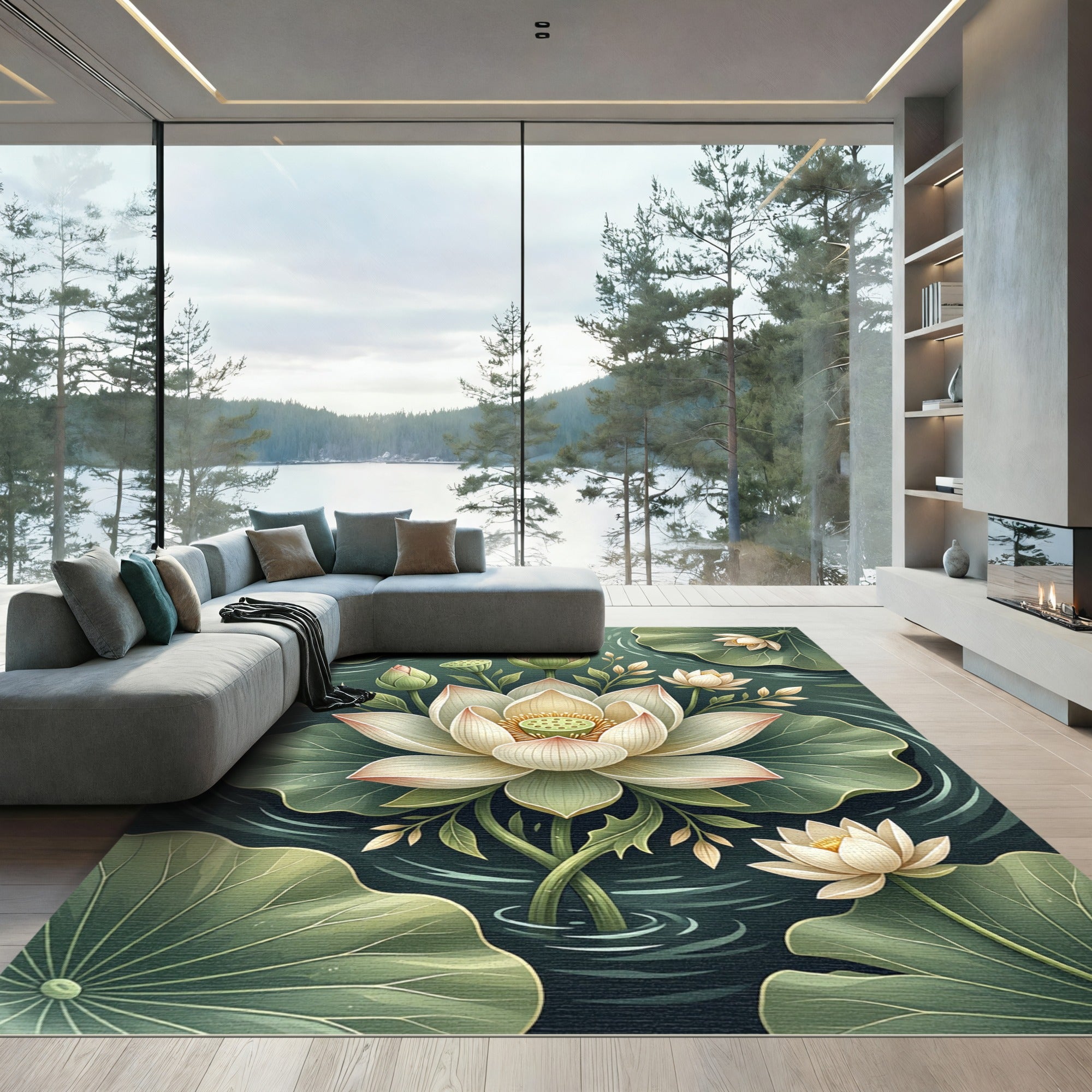 Serene Cream Lotus Blossom Pond Rug