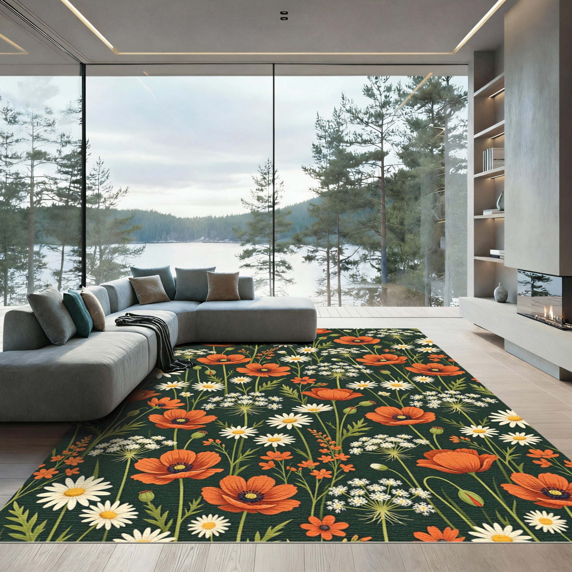 Botanical Orange Poppy Daisy Meadow Rug