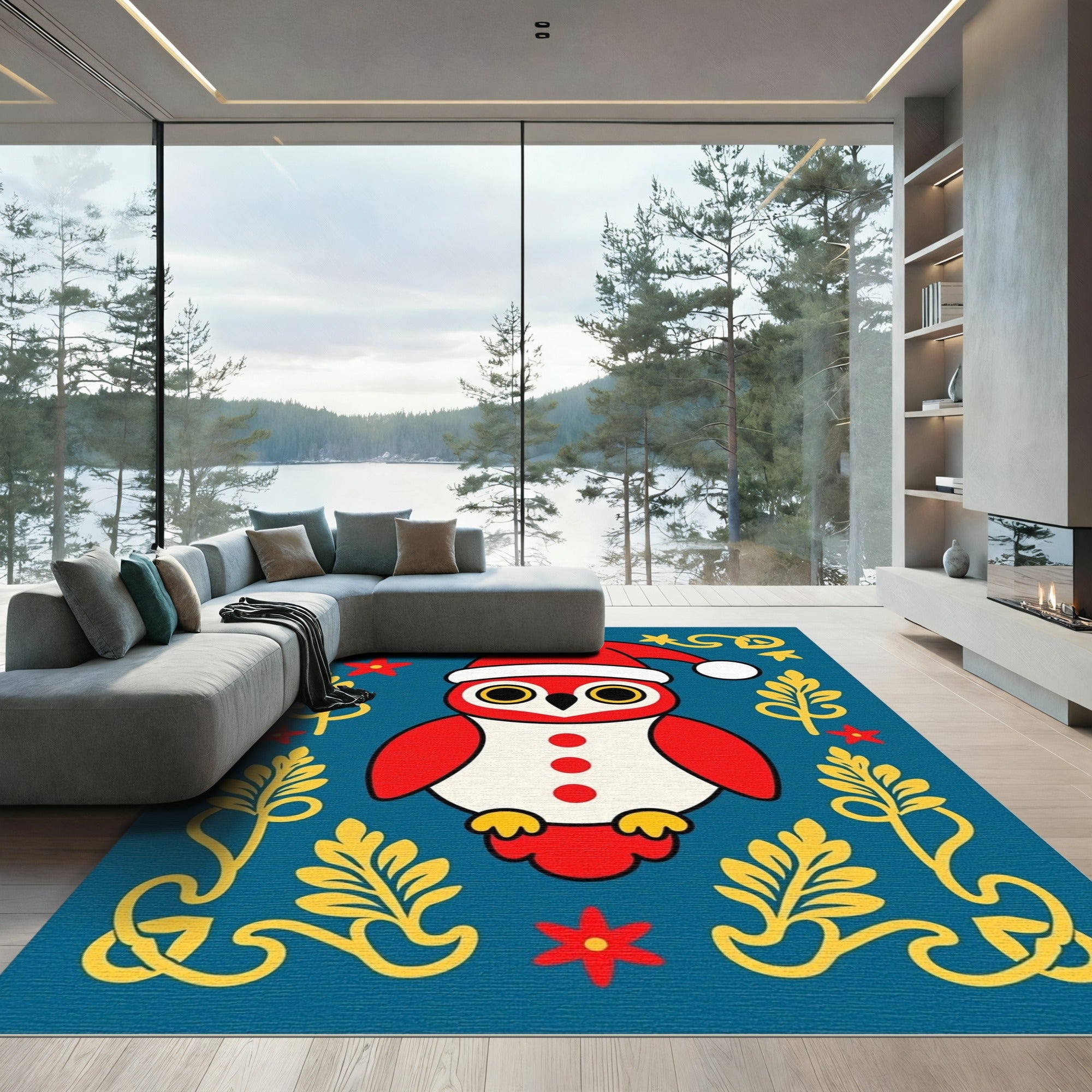 Whimsical Red Owl Christmas Folk Art Rug