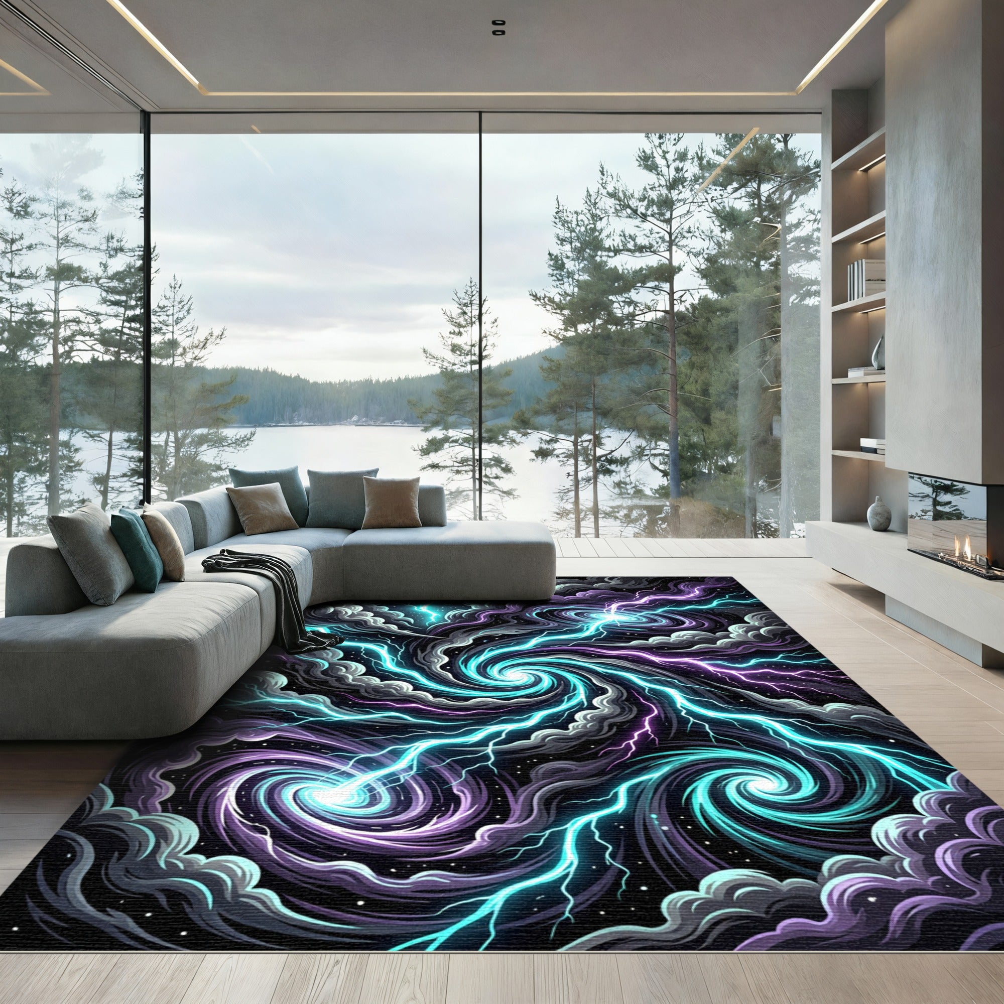 Electric Nebula Swirls and Lightning Storm Rug