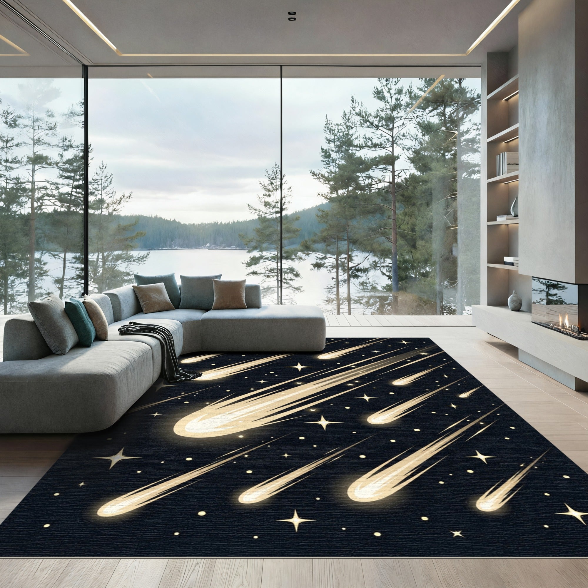Radiant Golden Shooting Star Night Sky Rug