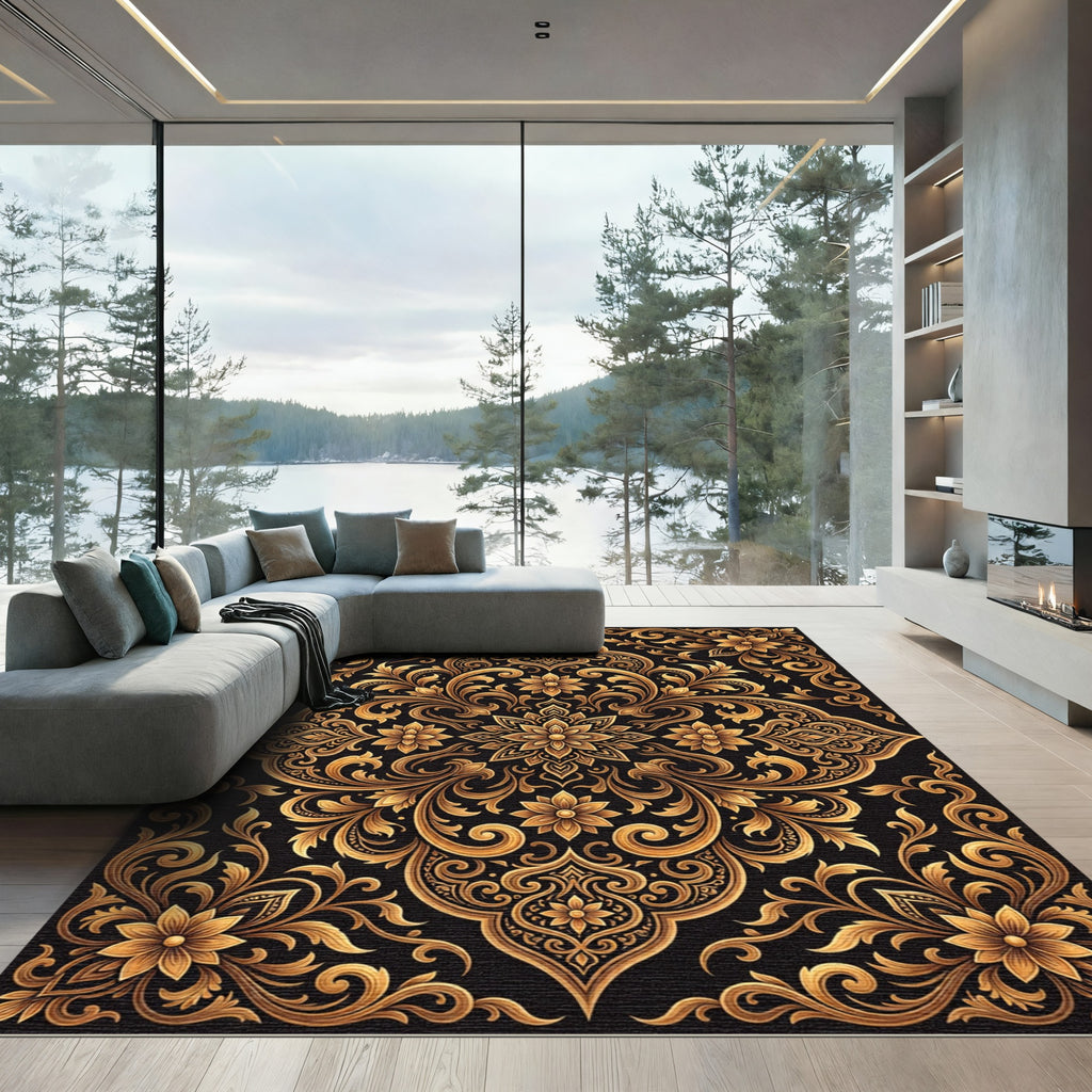 Golden Floral Damask Baroque Rug