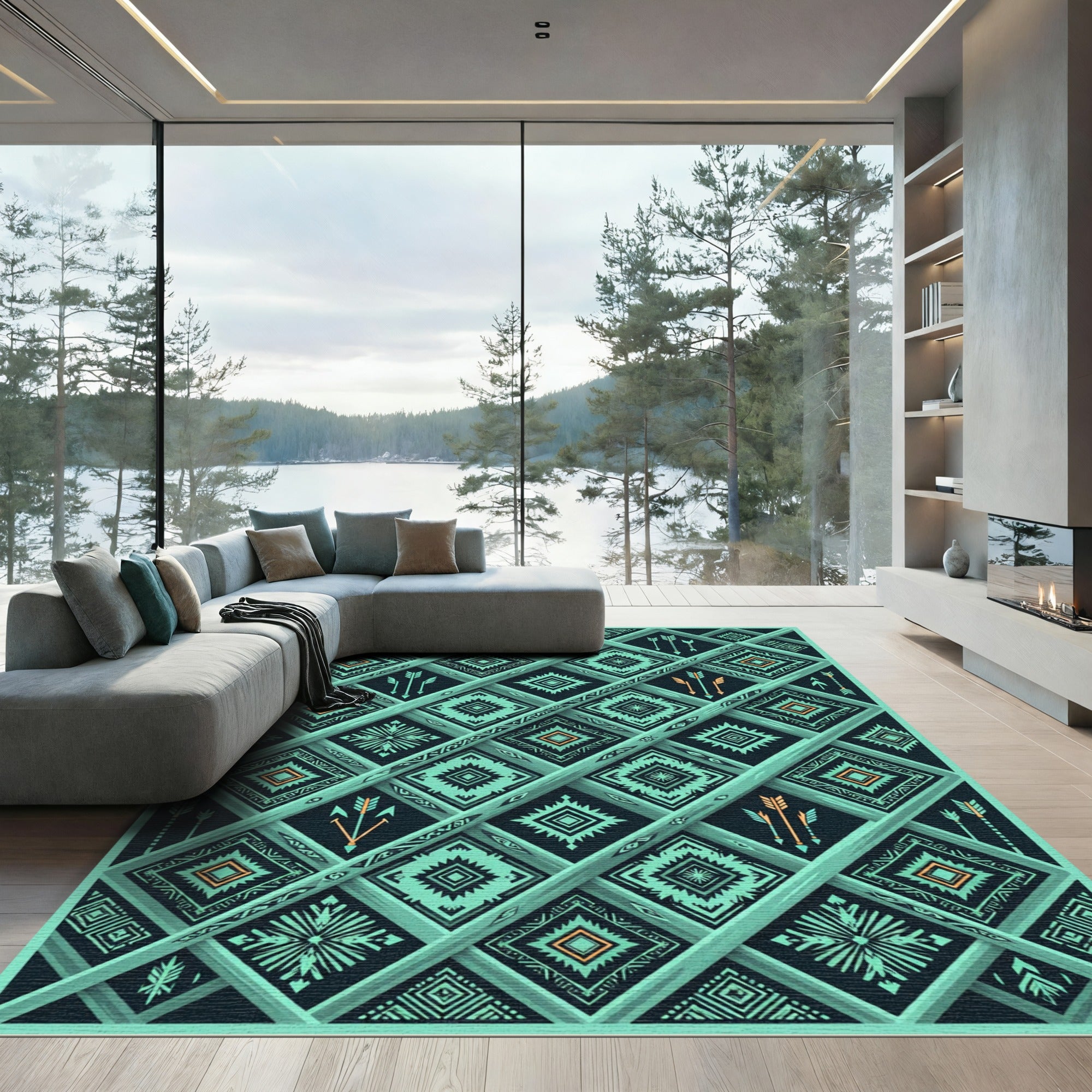 Teal Geometric Arrow Diamond Rug
