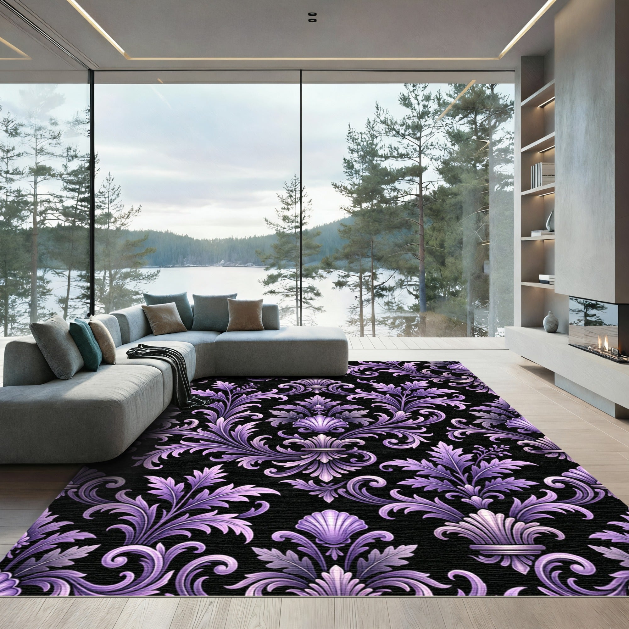 Ornate Royal Purple Damask Scroll Rug