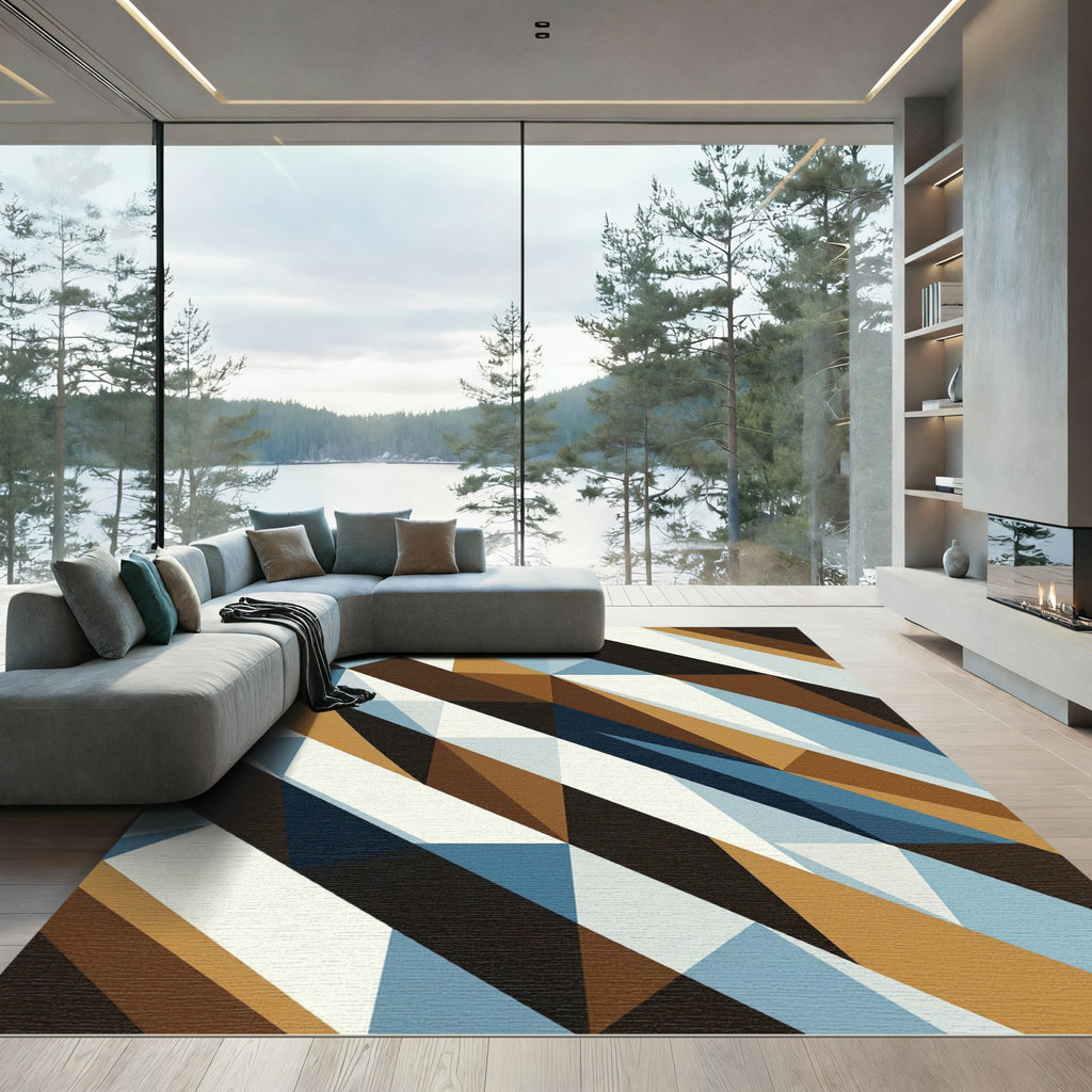 Modern Geometric Abstract Blue Brown Rug