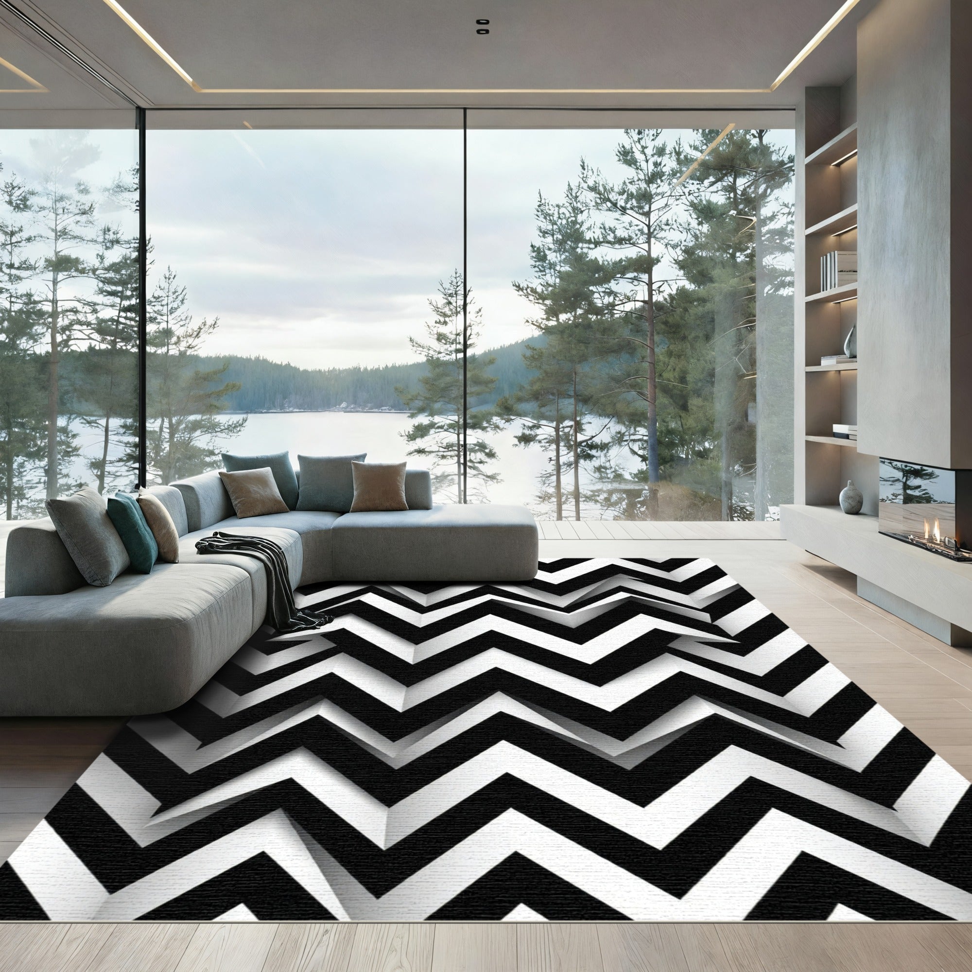 Monochrome Zigzag Geometric Optical Illusion Rug