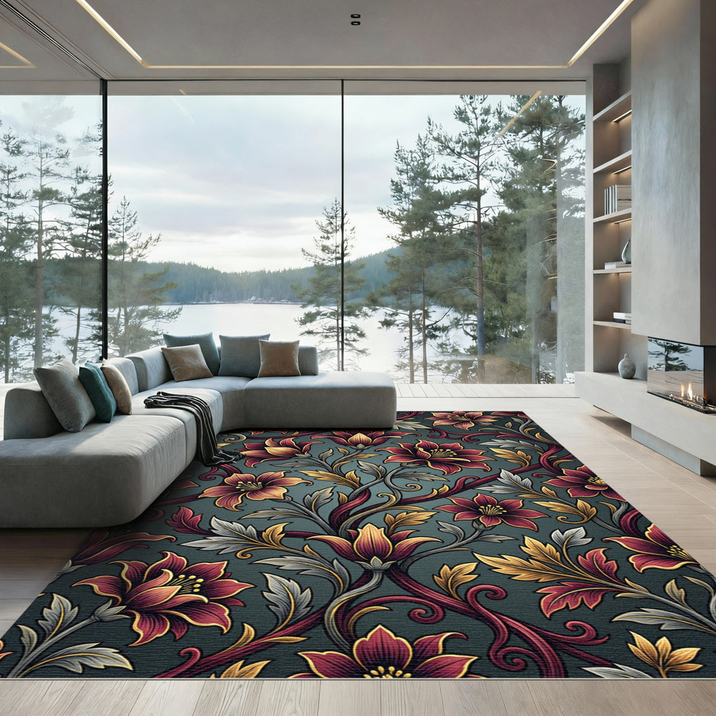 Elegant Maroon Gold Floral Scroll Rug