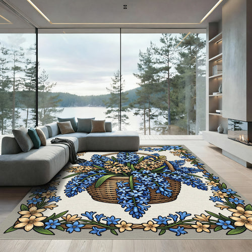 Blue and Cream Hyacinth Flower Basket Rug