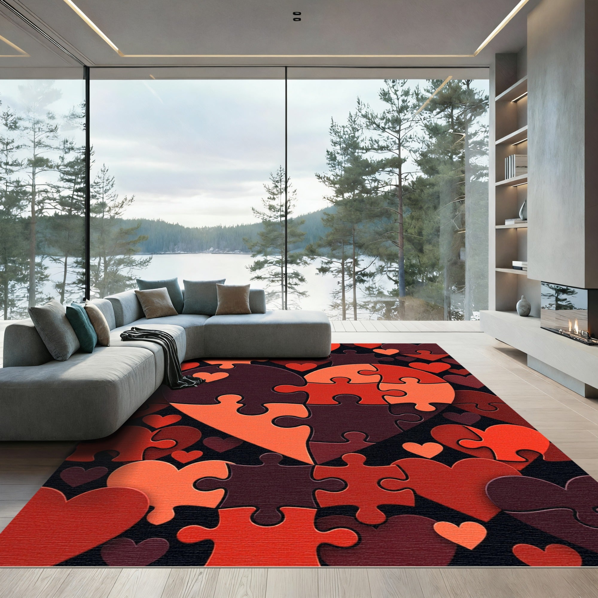 Abstract Red Heart Puzzle Mosaic Rug