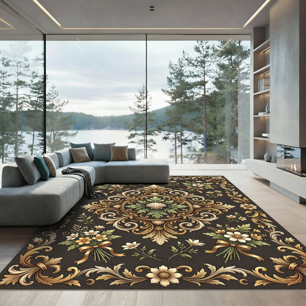 Ornate Gold Floral Acanthus Scroll Rug
