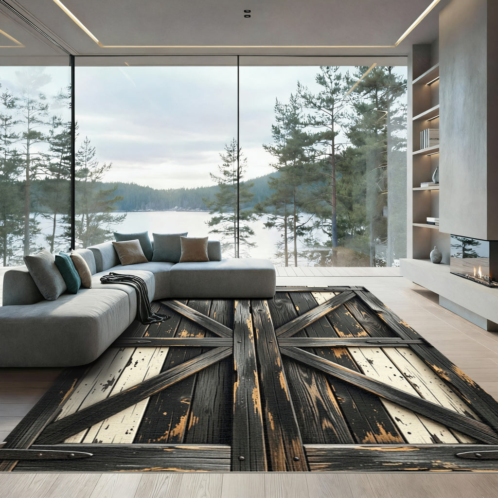 Distressed Wood Grain X Brace Rug