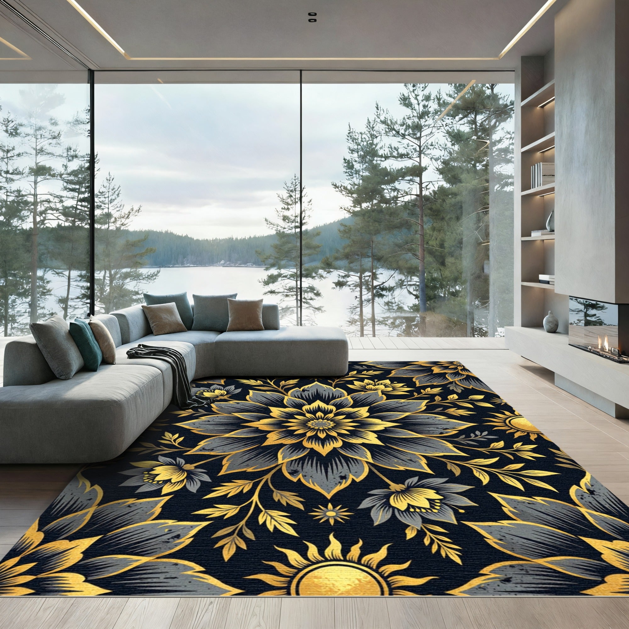 Golden Floral Medallion on Charcoal Rug