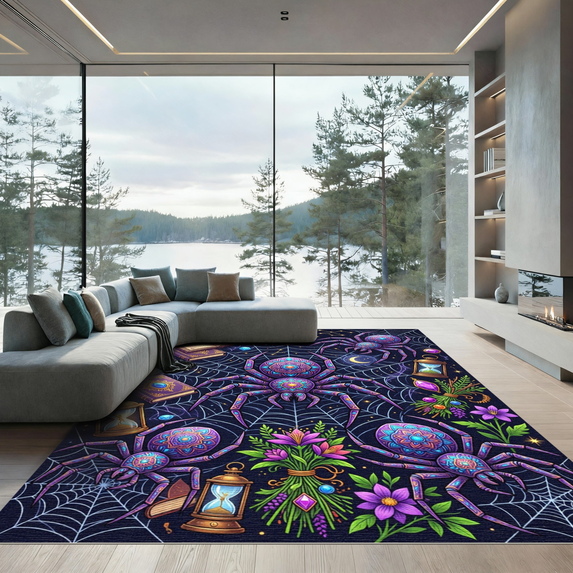 Mystical Purple Mandala Spider Web Art Rug