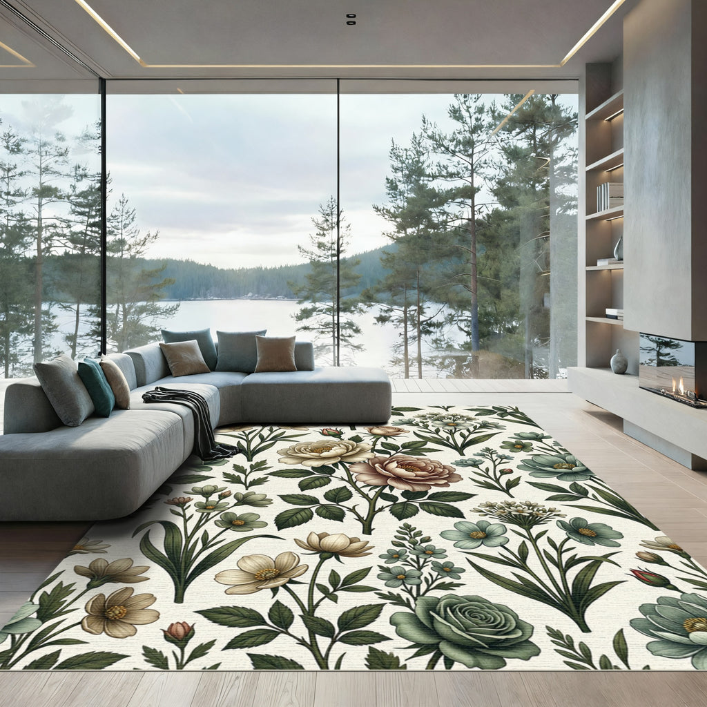 Vintage Botanical Cream Sage Floral Arrangement Rug