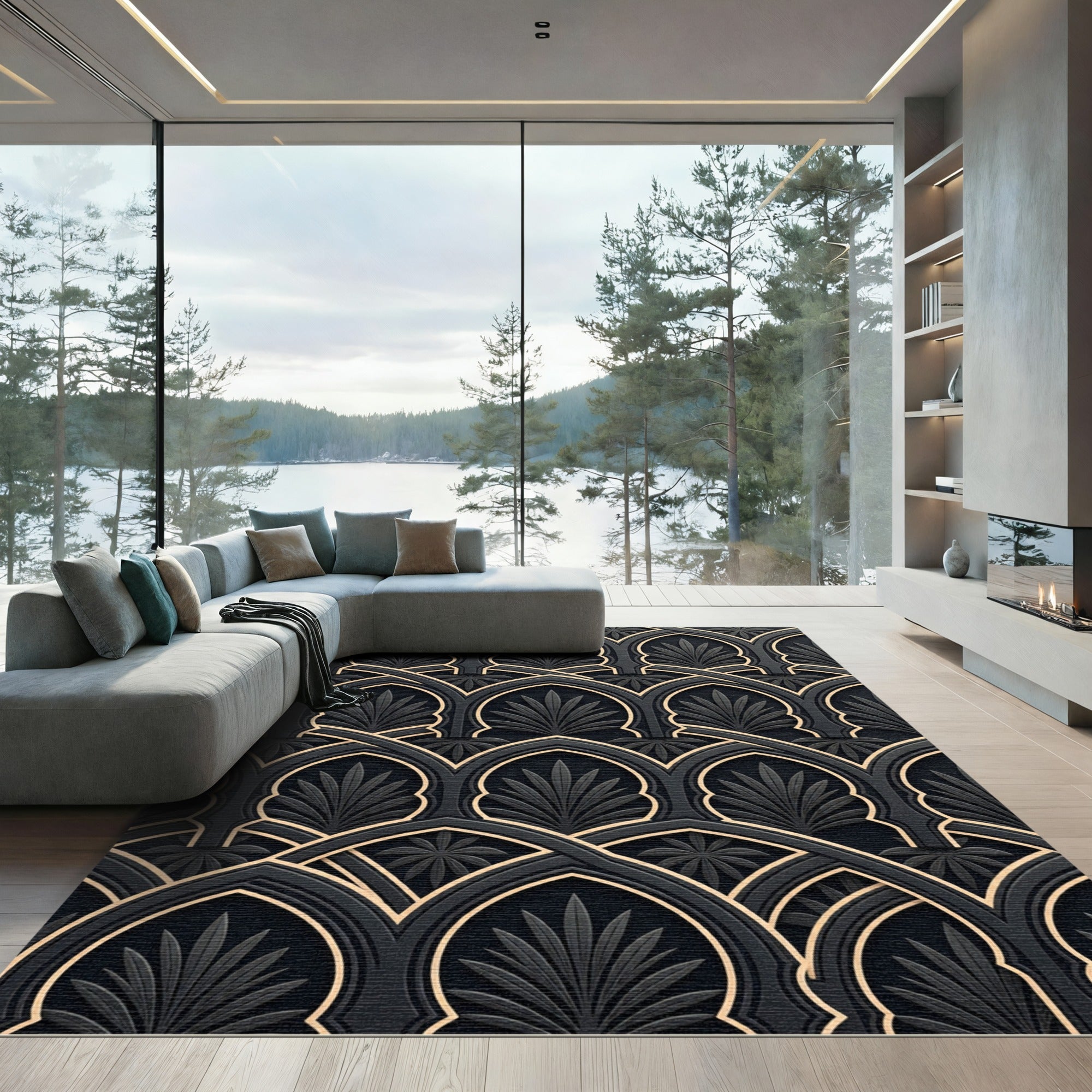 Dark Gray Arch Leaf Geometric Rug