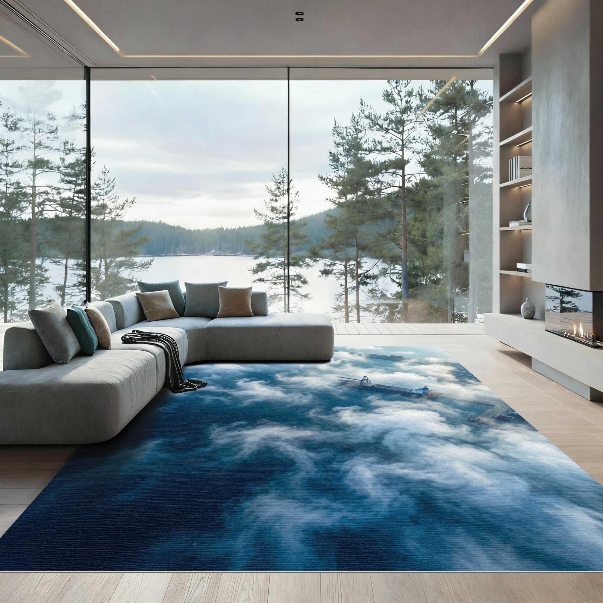 Ethereal Blue Clouds Over Maritime Port Rug