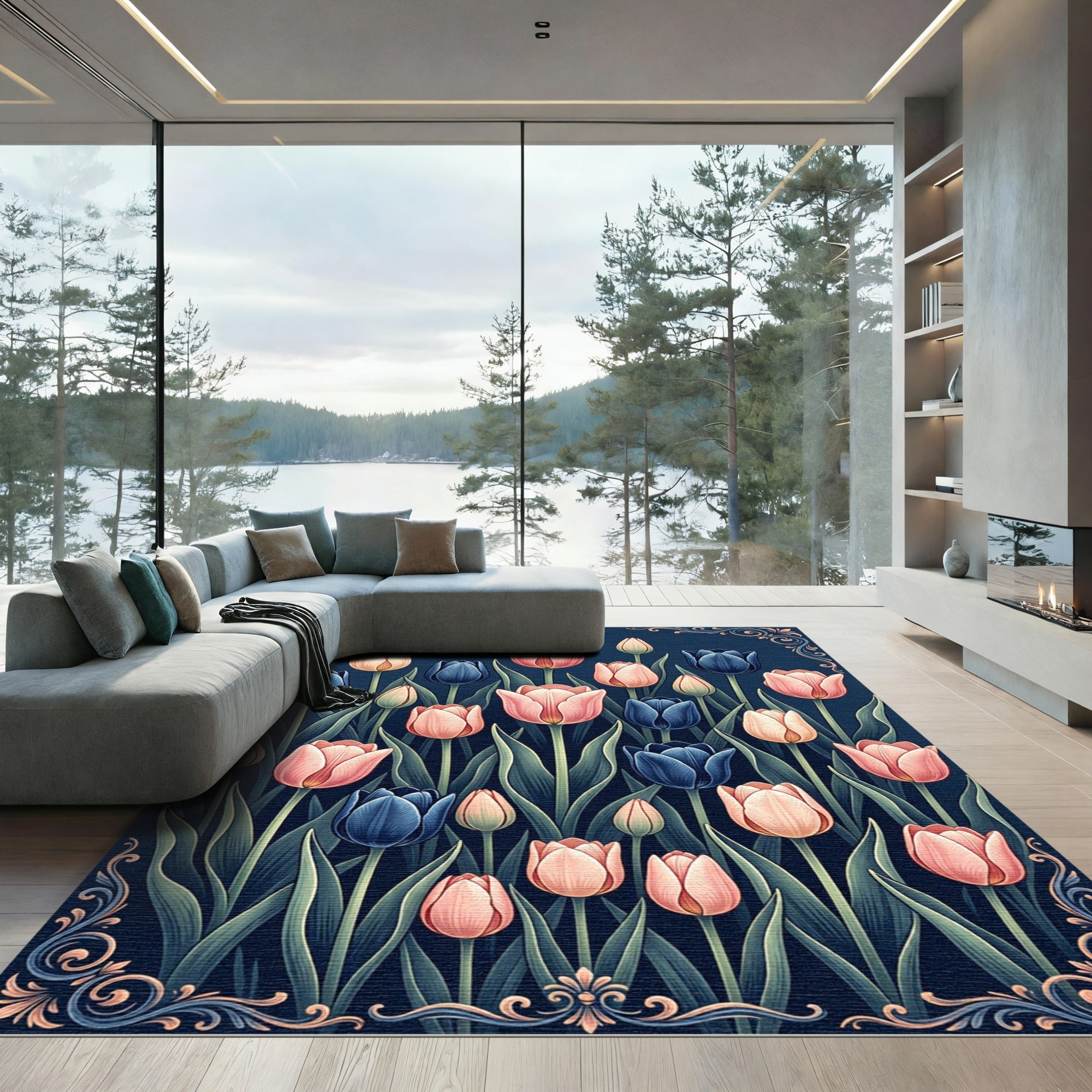Elegant Blush and Navy Tulip Garden Rug